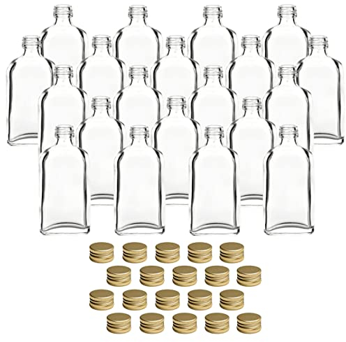 gouveo 20er Set Glasflaschen 50 ml Dana mit Schraubverschluss goldfarben - Mini Flasche 0,05 l zum Befüllen - Glasfläschchen für Likör, Whisky, Schnaps für Geburtstag, Hochzeit (MFD050G)