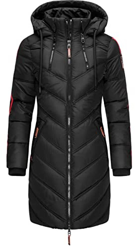 MARIKOO Cappotto invernale da donna caldo trapuntato lungo con cappuccio regolabile Armasa XS-XXL, Nero , M