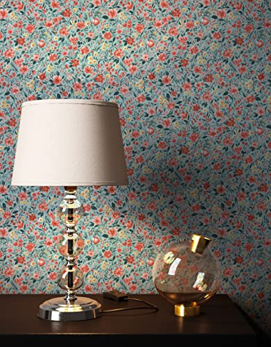NEWROOM Tapete Blau Vliestapete Blumen - Blumentapete Landhaus Koralle Rot Blüten Wiese Romantisch inkl. Tapezier-Ratgeber