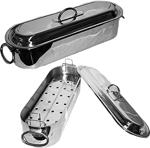 Pesciera con griglia e Coperchio cuoci Pesce becchetti Acciaio Inox 18/10 Manici reclinabili casseruola pentola Ovale per Cucina Ristorante