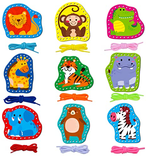 9 Stück Fädelplatten, Doppelseitige Nähkarten in 9 wilden Tieren mit 9 bunten Schnürsenkeln, Fantasieentwicklung Schnürspielzeug Spiele für Kinder Bildungs-und Lernaktivität
