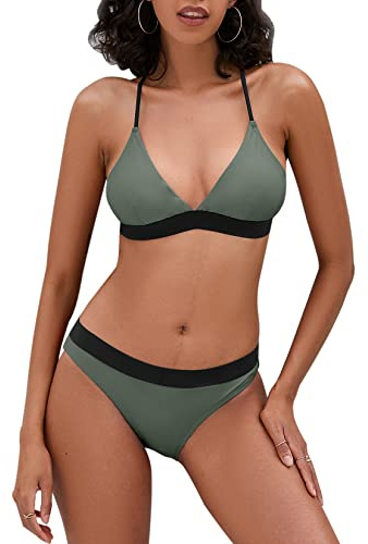 iSLASISIA Damen-Bikini-Badeanzug Criss Cross Back Triangle Bikini Tie Back Bikini Set Zweiteilige Badeanzüge (Grün & Schwarz, EU40)