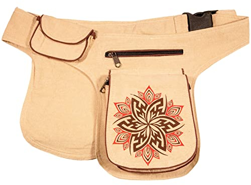 Kunst und Magie Damen Doppelte Bauchtasche Hüfttasche Mandala - Goa Gürteltasche Festivaltasche Hipbag Sidebag, Farbe:Naturfarben