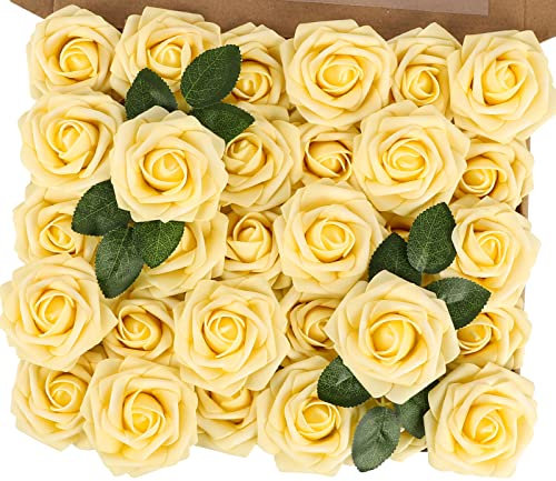 N&T NIETING Artificial Flowers Roses, 30Pcs Yellow Foam Roses Fake Flowers for DIY Wedding Bridal Bouquets Baby Shower Party Centerpiece Floral Arrangement Cake Home Christmas Decoration