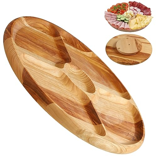 KADAX Assiette rotative en bois naturel, diamètre 33,5 cm, avec compartiments pour servir des frites, des sauces, des collations et de la viande (bois de frêne)