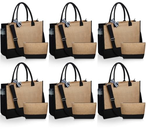 Sanwuta 12 Pcs Burlap Tote Bags Bulk 17 x 13 x 7 Inch Large Reusable Jute Tote Bags with Makeup Handles for Women Beach DIY