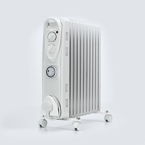 STATUS 11-Fin Oil-Filled Radiator 2500W, 3 Heat Settings with Adjustable Thermostat and 24-Hour Timer, Overheat and Tip-Over Protection, Easy-Roll Castors, White (OFH11-2500WT1PKB)