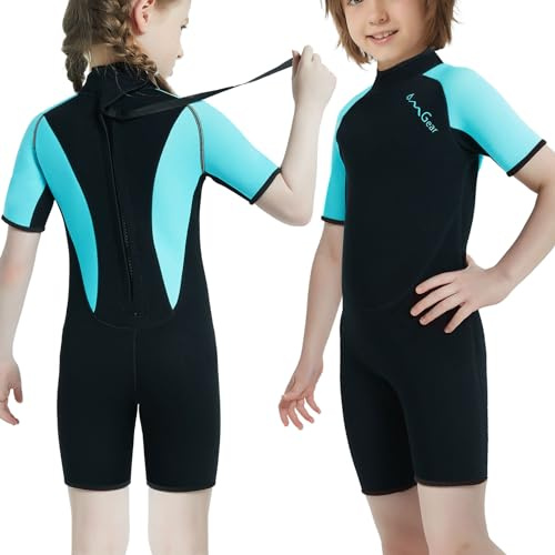 OMGear Wetsuit Kids 3mm Shorty Neoprene Short Sleeves Diving Suits Back Thermal Swimsuit for Youth Boys Girls Scuba Diving Surfing Snorkeling Swimming Water Sports(Aqua,14)
