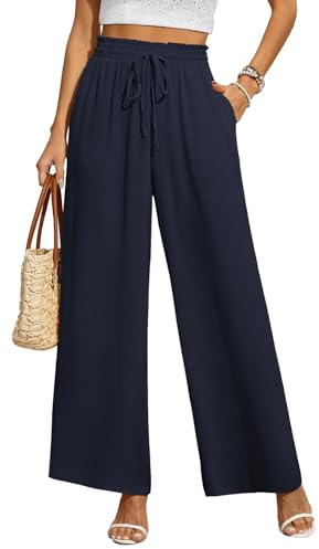 BEIGAI Pantaloni da donna larghi sciolti taglio dritto palazzo pantaloni a vita alta elasticizzati lounge pantaloni eleganti con tasche, Blu mare, L