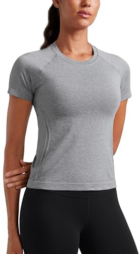 CRZ YOGA Seamless Workout Tops for Women Waist Length - Running Gym Athletic Yoga Short Sleeve Shirts Breathable Crewneck Slate Grey Marl Medium
