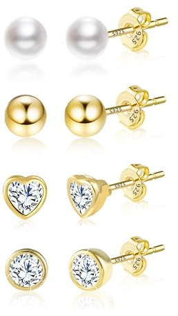 ASH'S CHOICE Small Gold Stud Earrings Set, 925 Sterling Silver Goldplate, 4 Pairs Tiny Studs, Ball, Pearl, Round CZ, Heart CZ, Multipack Cartilage Piercing Studs