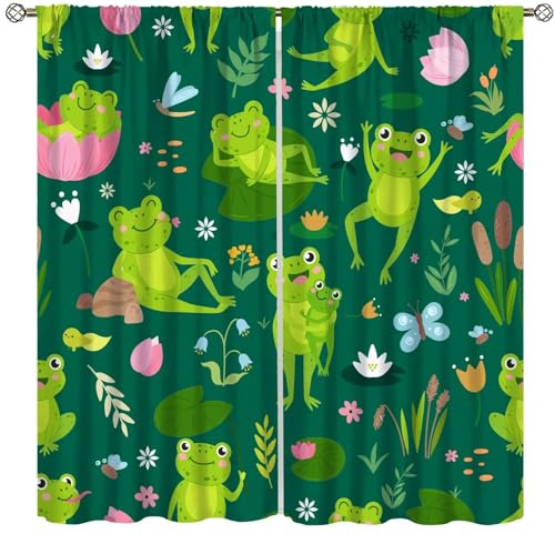 Frog Animal Curtains for Kids,Cartoon Green Forest Pond Lotus Leaf Plant Flower Butterfly Cute Frog Tadpole Animal Window Drapes, for Baby Boys Girls Nursery Bedroom Living Room 42x45in（No Blackout）
