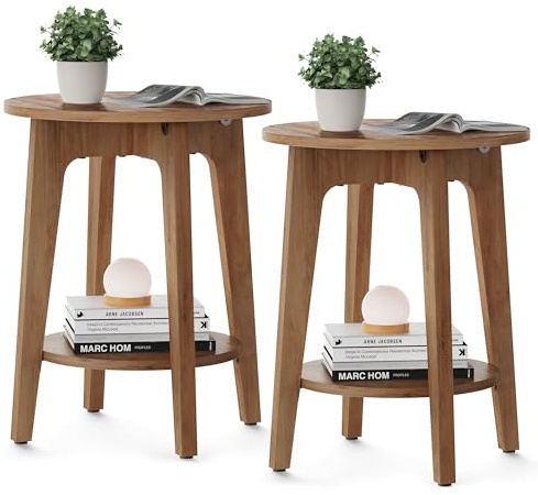 VASAGLE Mesas auxiliares, Juego de 2, Mesa Auxiliar Redonda pequeña con Estante Inferior, mesita de Noche para Espacios pequeños, Sala de Estar, Dormitorio, Nogal rústico ULET289K01