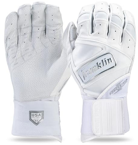 Franklin Sports USA Softball Batting Gloves - Infinite Powerstrap Women's Fastpitch + Softball Gloves - Durable Full Wrap Cage Practice Gloves - Reinforced Wrist - Adult Small - White/Chrome