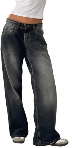 ticticlily Jeans Vita Bassa Donna Larghi Straight Wide Leg Pantaloni Jeans Gamba Dritta Gamba Larga Pantalone Denim Casuale Boyfriend Hiphop Harajuku Jeans con Tasche Pants B Grigio S