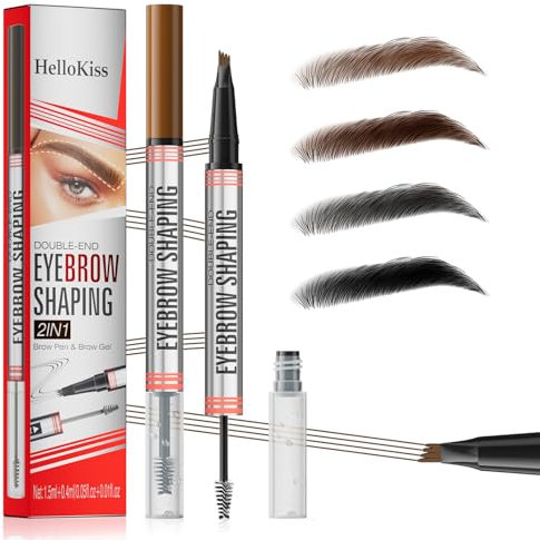 Augenbrauenstift mit Augenbrauengel, 2-in-1-Brauenstift und Brauengel mit 4 Mikrogabelspitzen, wasserfester Augenbrauenstift und wischfester Brauenstift (Dunkelbraun)