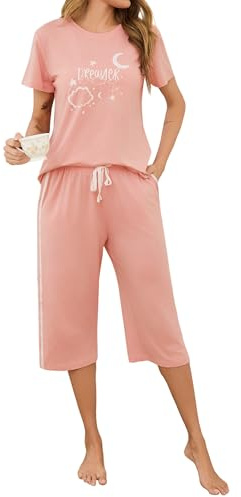 Terecey Pigiama Donna Estivo in Cotone Pigiami Due Pezzi Corto Morbido Cómodo Maglietta Stampate e 3/4 Pantaloncini con Tasca e Coulisse Regolabile para Casa