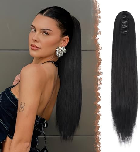 FESHFEN Coda Capelli Lisci Extension con Pinza - Lunghi Dritto Liscia Coda Finta Capelli Nero Sintetici Posticci Ponytail Extensions Coda di Cavallo per Donna, 63 cm