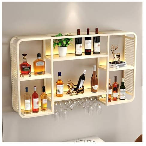QHLMLL Väggmonterad med LED-ljus med vinglashållare, flytande vägg vinhyllor, metall vinhylla barhyllor, vinflaskhållare för hemmabar, vinkök förvaring (vit, 80 x 20 x 70 cm)