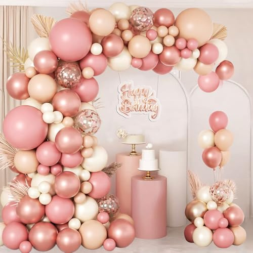 Pink Balloon Arch Kit, 114pcs Blush Pink Rose Gold Balloon Garland with Retro Pink Nude Beige White Latex Balloons for Birthday,Baby Shower, Wedding, Bridal Shower, Engagement Party Decorations