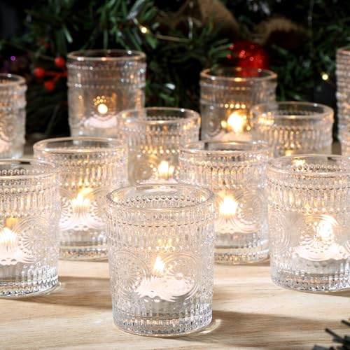 Ligtmor Juego de 24 vasos transparentes para velas de té, portavelas de cristal con lunares en relieve, románticos, vintage, portavelas transparentes (24, girasol)