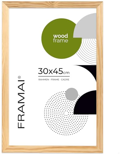 FRAMAI Bilderrahmen 30x45, Natürlich, Natur Holz Rahmen, Echtholz Bilderrahmen, Rahmen mit Bruchsicheren Plexiglas, Aufhänger und Aufsteller