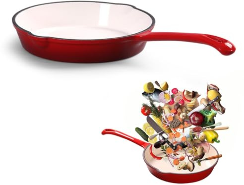 Fuerdich 16cm Enamel Non-Stick Frying Pan, Double-Layer Coating Cast Iron Skillet, Stay Cool Long Handle Cooking Frying Pan Even Heat, Red