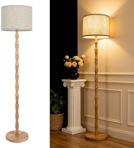 LuminexDesigns Lampada da Terra in Legno Vintage per Soggiorno, Beige Piantana Boho Rustico Scandinavo in Rovere Naturale con Lino Paralume, E27, 167cm, Camera da Letto e Lounge