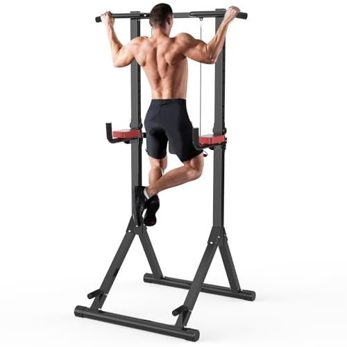 Botifly Power Tower Barra de Dominadas Altura y Respaldo Regulable de 159 – 233 cm Independiente Multifuncional Estación de Fondos Pull Up Bar Maquina Dominadas en Casa/Exterior (Negro-Rojo)