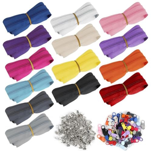 Umllpet Endless Zip Set 14 Colours Nylon with Metal Slider for Sewing, Crafts, Clothes, Bags, Pencil Cases and Pillowcases, DIY Accessories, Flexible Cut to Size