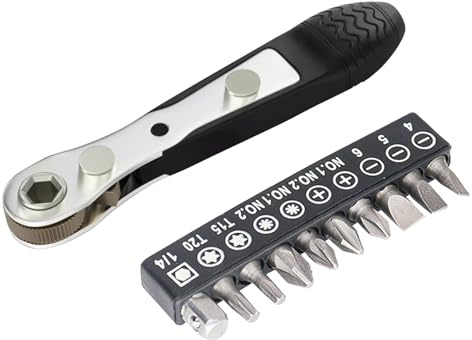 Magnetic Right Angle Screwdriver Set - Mini Ratchet Screwdriver with Phillips, Flat, Torx, Pozidriv Steel Bits - 1/4 Inch Drive High Torque Offset Reversible Ratcheting Offset Screwdrivers