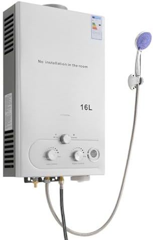 Calentador de agua de 32 kW LPG, capacidad de 16 l, agua caliente instantánea con cabezal de ducha y manguera, calentador de agua de gas portátil para camping, caravana y jardín, alta eficiencia (≥