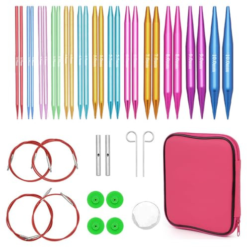 Set di ferri da maglia circolari intercambiabili, 13 paia di ferri da maglia in alluminio intercambiabili, ferri da maglia circolari da 3,0-10,0 mm con sacchetto di conservazione, 4 lunghezze