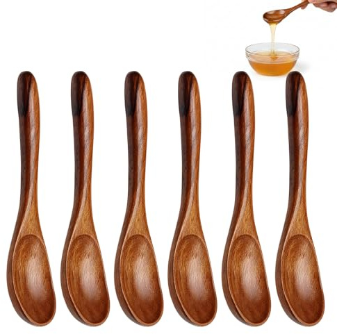 6PCS Wooden Teaspoons Set, Wooden Honey Spoon, Small Wood Teaspoons for Stirring Coffee, Little Wood Table Spoon, for Tea Coffee Honey Sugar Condiment Rice, Kitchen Accessories