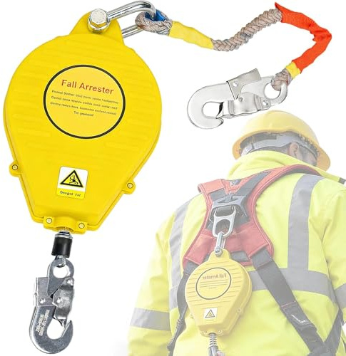 AOCAY Línea de Vida Retráctil, Dispositivo Anticaídas 150 kg (Amarillo,10m) | Protección Contra Caídas con Gancho Autoblocante, Seguridad para Techado y Construcción, Longitud 3-20 m Ajustable