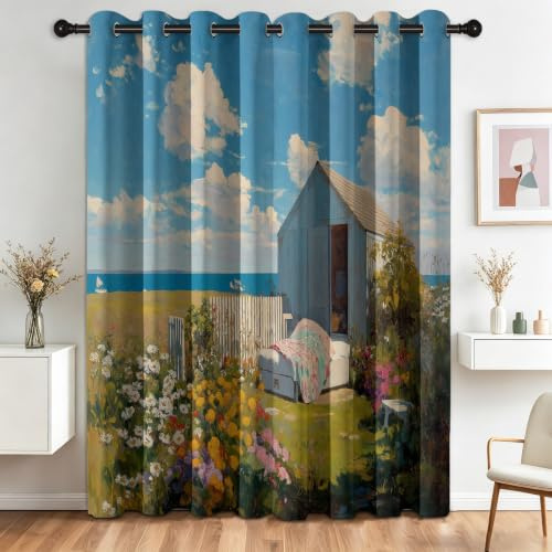 Ogenomskinliga gardiner i lantlig stil set om 2, mörkläggningsgardiner H 245 x B 140 cm, landskap lantliga blommor, blockhus, termiska gardiner med öljetter för pojkar och flickor, sovrum, dekor