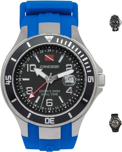 Cressi Traveller Dual Time Orologio Professionale Subacqueo 200m/20ATM, Unisex, Argento/Nero/Blu