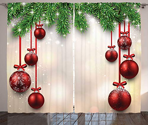 ABAKUHAUS Weihnachten Rustikaler Vorhang, Red Ball Ribbons, Wohnzimmer Universalband Gardinen mit Schlaufen und Haken, 280 x 175 cm, Rot Grün