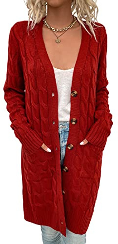 Avondii Veste en tricot à manches longues pour femme avec boutons - Veste longue en tricot oversize à grosses mailles, rouge, L
