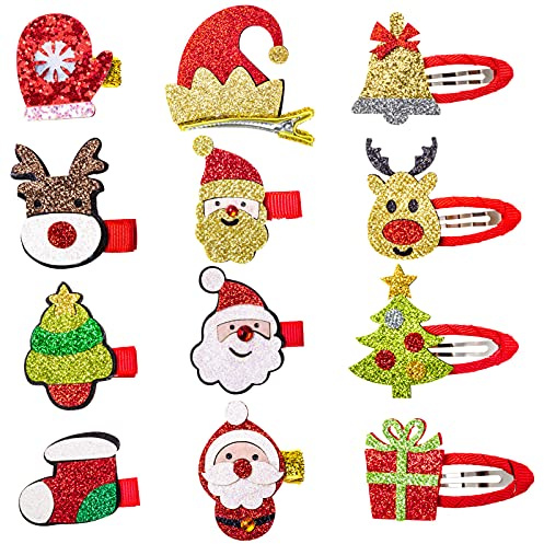 MELLIEX 12 pcs Pinces à Cheveux de Noël Snap Barrettes à Cheveux Santa Elk Pinces Alligator Partie Cheveux Accessoires pour Filles Femmes