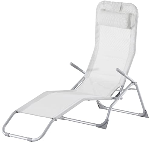 aro Outdoor Liegestuhl mit Klippfunktion, Sonnenliege mit Armlehene, Stahl/Textilen-Bespannung, Klappbar, Silber
