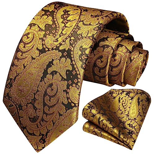 HISDERN Krawatte Herren Paisley Krawatte und Einstecktuch Set Krawatten Gold