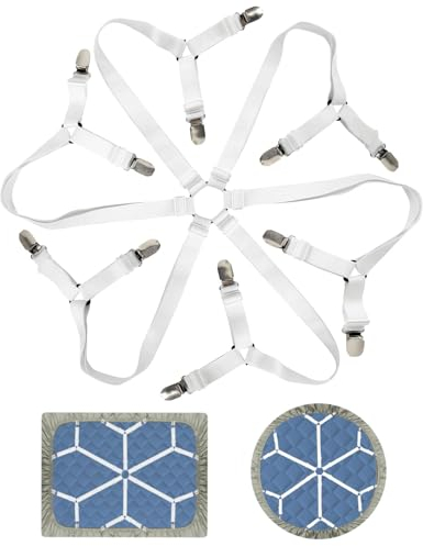 EULAPGOE Verstellbare Bettlakenspanner,Bettlakenhalter Clip, Betttuchspanner, 3-Wege-6-Seiten-Clips, Lakenspanner mit 12 Metallclips, für Bettlaken, Matratze, Oder Sofa (Weiß)