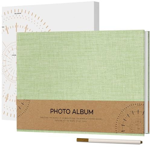 Vienrose Självhäftande fotoalbum för foton på 10 x 15 cm, liten klippbok i linne, 40 vita sidor, gör-det-själv-album med metallpenna, 21,5 x 30 cm, gräsgrön