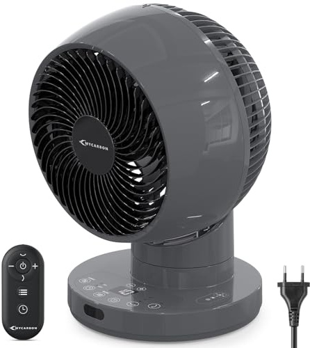 MYCARBON Turbo Ventilateur Silencieux 20dB Moteur DC 12h Minuteur Planification de Démarrage et d’Arrêt 3D Oscillation 3 Modes Petit Ventilateur de Table avec Télécommande pour Chambre, Bureau, Gris