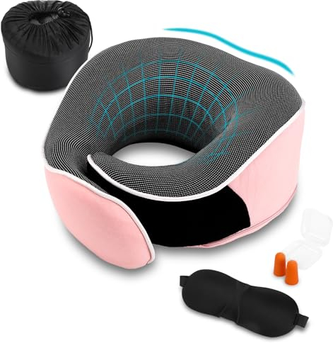 Collazoey Nackenkissen, Nackenhörnchen Memory Foam,Memory-Schaum-Nackenkissen-Set mit Augenmaske, Ohrstöpsel und Aufbewahrungstasche,Ergonomisch Gestaltetes Reisekissen (Rosa)