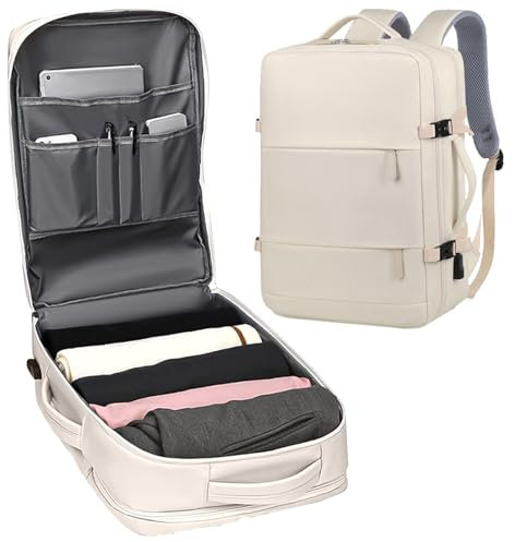 HEKOBAG Rucksack Handgepäck Flugzeug mit Laptopfach 46x32x15cm Reiserucksack Damen Beige Laptop Rucksack Handgepäck Wasserdicht Schulrucksack Laptoprucksack Kabinenrucksack für Business Arbeit Reise