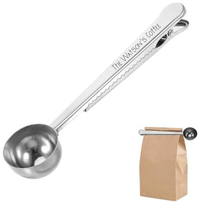 Personalised Engraved Coffee Spoon Scoop and Bag Clip. Coffee Lover's Gift, Stocking Filler, Him or Her, Secret Santa, Birthday Valentines