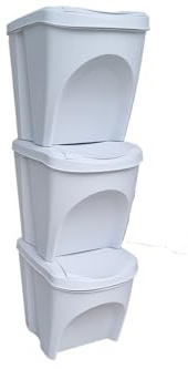 Stolmet Large Stackable Recycling Bins Set of 3x25L (Brand KrysGo) - Customizable Lids with Recycling Stickers - Waste Sorting for Home, Kitchen, Office (White + White)