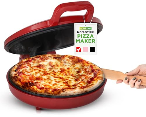 NutriChef Four à Pizza Électrique 1500W - Appareil de Cuisson Antiadhésif Ø30 cm - Prépare Pizzas Maison, Œufs, Tartines et Plus - Compact, Poignées Froides, Température 80-200°C - Rouge